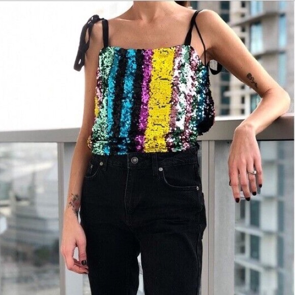 Zara - Striped Sequin Cropped Tie Tank - Size XS - Picture 1 of 8